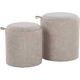 Tray Nesting Ottoman Set in Light Brown Fabric & Natural Wood